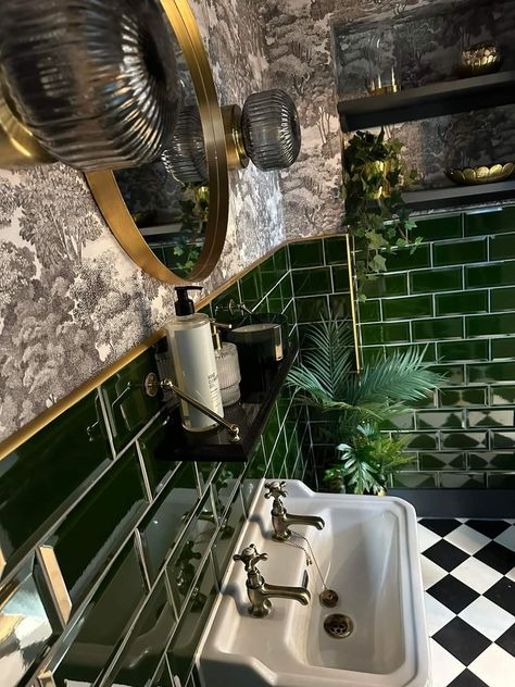 Green Shower Room Ideas, Half Tiled Bathroom Ideas, Funky Bathroom Tile, Funky Downstairs Toilet Ideas, Half Tiled Bathroom, Victorian Bathroom Tiles, Downstairs Toilet Ideas, Clawfoot Tub Ideas, Funky Bathroom