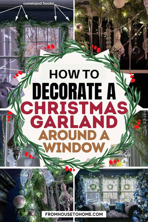 how to decorate a Christmas garland around a window Happy New Year Window Display, Vintage Christmas Garland Diy, Garland Placement Ideas, Christmas Window Garland Indoor, Window Garland Ideas, Hanging Ornaments In Windows, Garland Around Kitchen Window, Garland Over Kitchen Window, How To Hang Garland