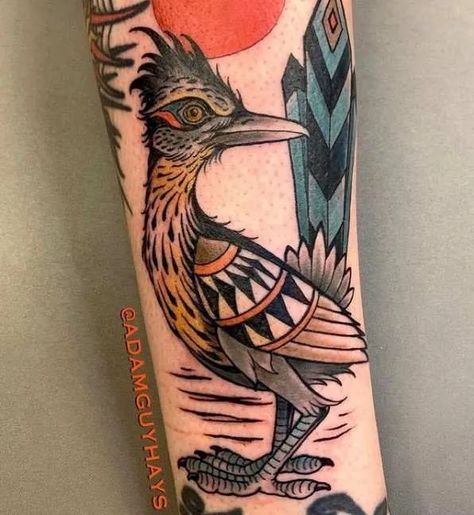 Road Runner Drawing, Road Runner Tattoo, Desert Tattoos, Roadrunner Tattoo, Roadrunner Art, Runner Tattoo, Coyote Tattoo, Desert Tattoo, Arizona Tattoo