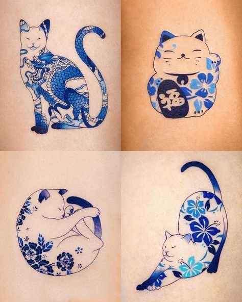 Himalayan Cat Tattoo, Porcelain Cat Tattoo, Mon Mon Cat Tattoo, Whimsical Cat Tattoo, Cat Pattern Tattoo, Asian Cat Tattoo, Blue And White Tattoo, Blue Cat Tattoo, Cat Flower Tattoo