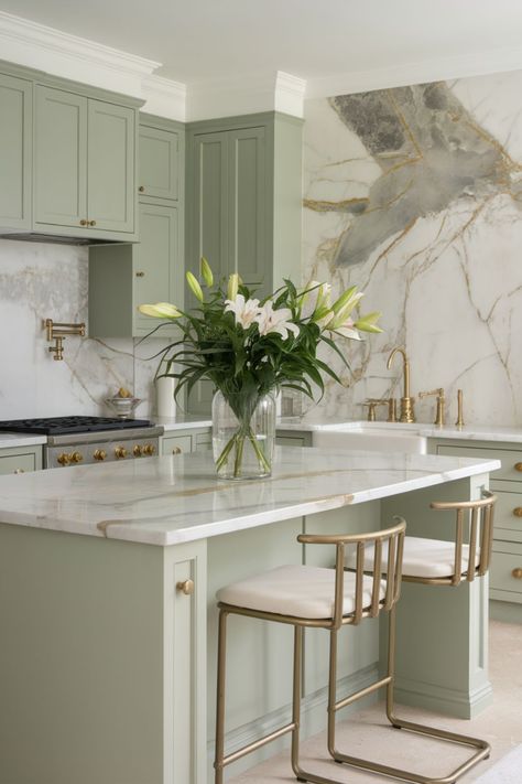 27 Kitchens With Sage Green Cabinets: Fresh Ideas for Every Style Shaker Style Kitchens Sage Green, Mint Green Kitchen Ideas Colour Schemes, Sage Green Kitchen Cabinets Open Shelving, Kitchen Design With Green Cabinets, Green And Beige Cabinets, Green Kitchen Cabinets With Tan Granite, Sage Green White And Gold Kitchen, Green Kitchen With Cream Cabinets, Green Kitchen Contemporary