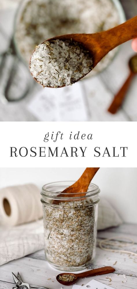 If you have a rosemary plant that just keeps on giving this easy but fragrant rosemary salt recipe is for you. How To Make Rosemary Salt, Rosemary Salt Scrub, Gifts With Rosemary, Storing Rosemary Fresh Herbs, Diy Infused Salt, Diy Flavored Salt Recipe, Rosemary Simmer Pot Recipes, Things To Make With Rosemary, Rosemary Salt Gift