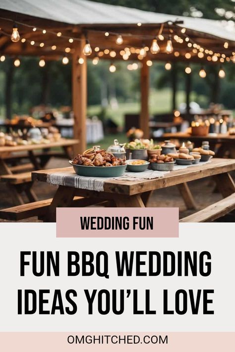 Planning a BBQ wedding? Get ready to wow your guests with our amazing ideas for a barbecue-themed ceremony! Picture a rustic outdoor setting with wooden picnic tables, string lights, and a grill sizzling up your favorite eats. It’s all about friends, family, and tasty BBQ! Want a festive feel? Consider creative outdoor decorations like a beautiful canopy and a cozy atmosphere. Check out our sizzling inspirations for a fun wedding that’s unforgettable. Follow us for more unique ideas to make your day special! Bbq Food Wedding Ideas, Bbq Buffet Table Ideas Wedding Foods, Picnic Shelter Wedding Reception, I Do Bbq Ideas, Bbq Set Up Ideas, Wedding Bbq Buffet, Wedding Cookout, Bbq Wedding Ideas, Picnic Wedding Ideas