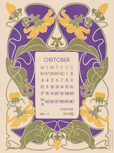 Art Nouveau Calendar, Wall Calendar Design Ideas, Calendar Illustration Design, October Calendar 2023, Antique Calendar, Art Nouveau Flowers Illustration, October 2023 Calendar, October 2022 Calendar, Harlequin Duck