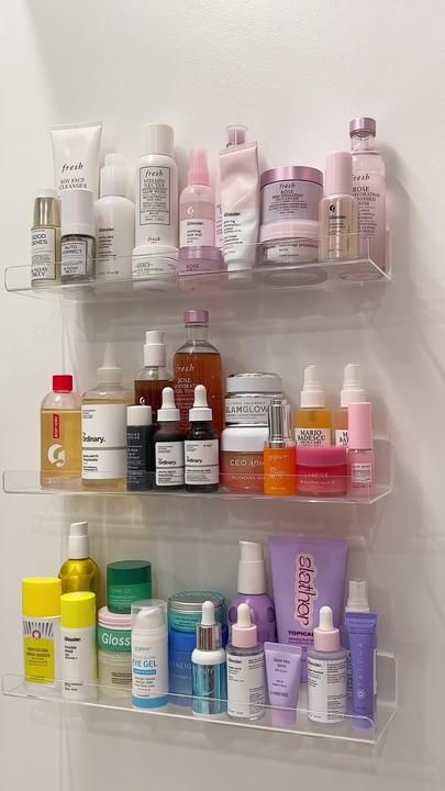 TikTok · izzi Collection Display Shelves, Skincare Storage, Acrylic Bathroom, Makeup Shelves, Girly Bathroom, Vanity Display, Floating Bookshelves, Acrylic Shelf, Beauty Organization