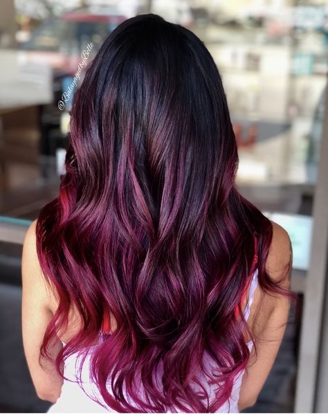 Red And Purple Highlights On Dark Hair, Black To Magenta Ombre Hair, Fushia Hair Highlights, Dark Mermaid Hair, Black And Magenta Hair, Black To Pink Ombre Hair, Fuschia Highlights, Pulp Riot Hair Color Ideas, Hair Jam