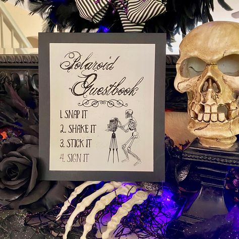 Spooky Guest Book Ideas, Goth Wedding Guest Book, Halloween Wedding Signage, Gothic Wedding Guest Book, Halloween Wedding Guest Book, Halloween Wedding Favors For Guests, Tim Burton Wedding Theme, Edgy Wedding Theme, Gothic Wedding Reception