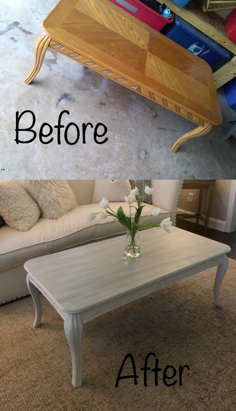 Before and after Thrift store makeover. White chalk paint and washed gray driftwood technique. Wallpaper Cupboard, Grey Coffee Table, Distressed Coffee Table, Painted Coffee Table, Shabby Chic Coffee Table, Coffee Tables Ideas, Shabby Furniture, Antique Coffee Tables, Coffee Table Makeover