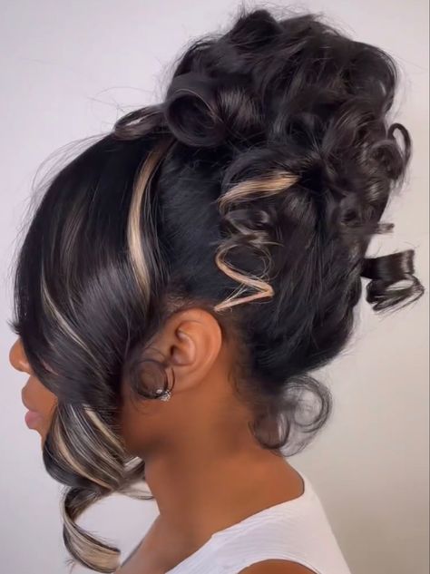 Long Hair Updo Black Women, Curl Updo Black Women, Curled Updo Hairstyles Prom, Elegant Updo For Black Women, Updo Sew In, Cute Updo Black Women, Blonde Bun Black Women, Curly Bun Updo With Side Bang, Quickweave Updo Hairstyles