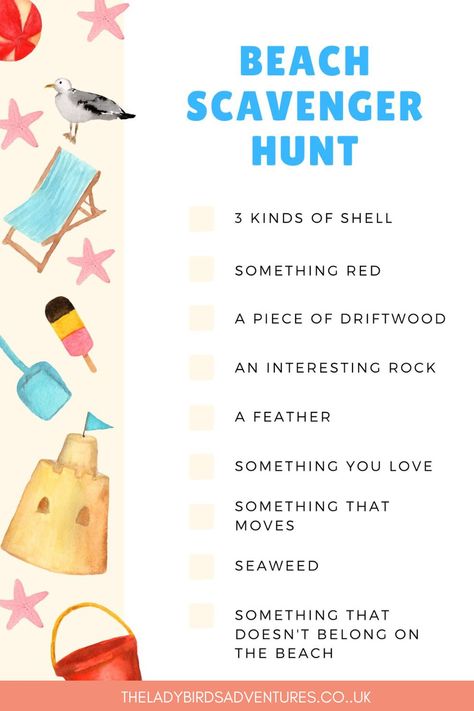 illustrated list of things to find on a beach. Text says beach scavenger hunt Treasure Hunt For Toddlers, Beach Scavenger Hunt, Birthday At The Beach, Kids Beach Party, Summer Activity For Kids, Camping Scavenger Hunts, Scavenger Hunt List, Preschool Science Activities, Toddler Beach