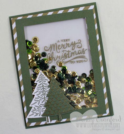 Christmas Tree Shaker Card | Luvin Stampin Shaker Cards Tutorial, Stampin Up Weihnachten, Christmas Tree Card, Homemade Christmas Cards, 카드 디자인, Stampin Up Christmas Cards, Christmas Tree Cards, Tree Cards, Stampin Up Christmas