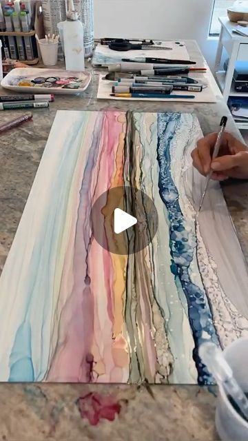 Ideas For Watercolor Paintings, Watercolour Pouring, Ink Painting Ideas, Landscape Paintings Ideas, Alcohol Ink Ideas Tutorials, Acrylic Painting Water, Sea Abstract Painting, Watercolor Pouring, Sea Inspired Art