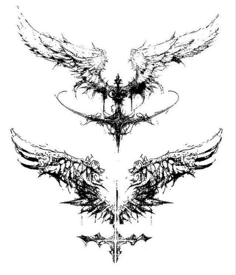 Thread Ideas Twitter, Horizontal Tattoo Ideas For Men, Wings Cybersigilism, Cybersigilism Wings Tattoo, Angel Cybersigilism, Aggrogoth Tattoo Design, Chicken Scratch Tattoo, Gothic Medieval Tattoo, Neotribal Wings