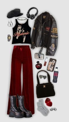 Rockstar Gf Outfit, Red Black Outfit, Red And Black Outfits, Look Grunge, Rockstar Gf, Rock Outfit, Rock Outfits, Punk Outfits, Red Outfit