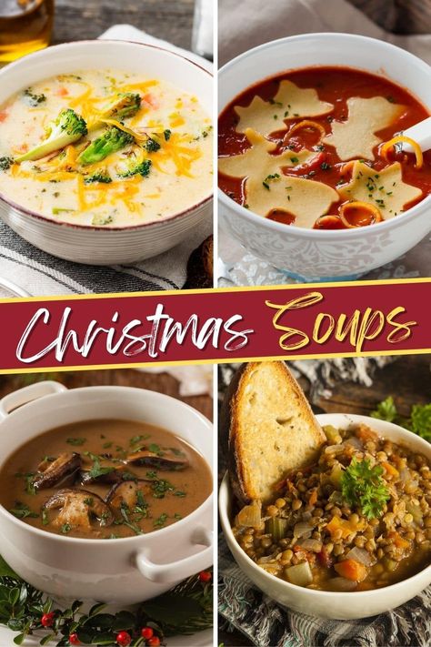 These Christmas soups are perfect for any holiday table! Make your feast even better with potato, broccoli cheddar, butternut squash, and more delicious soup recipes! Christmas Potato Soup, Christmas Soups Recipes, Soup For Brunch, Soups For Parties, Soup And Salad Recipes, Fancy Soup Presentation, Soup For Ladies Luncheon, Christmas Dinner Soup Recipes, Festive Soup Recipe