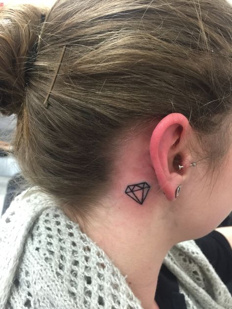 My sister's first tattoo A small geometric diamond Diamond Behind Ear Tattoo, Diamond Neck Tattoo, Diamond Tattoo Behind Ear, Diamond Tattoo Designs For Women, Black Diamond Tattoos, Diamond Tattoo Designs, Trad Tattoos, Diamond Tattoo, Diamond Tattoos