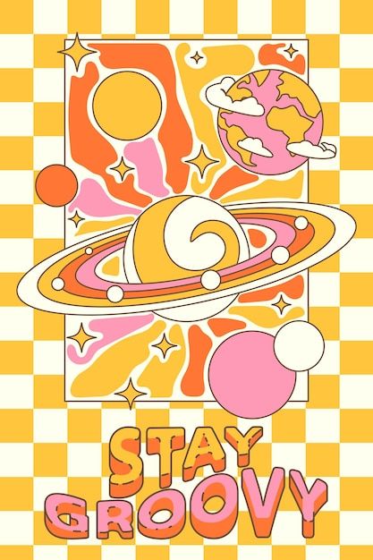 Vector groovy poster in the style of the... | Premium Vector #Freepik #vector Retro Pictures Aesthetic, Colorful Vector Art, Indie Groovy Graphic, Disco Illustration Graphic Design, Sunshine Graphic Design, Retro Cartoon Art, 80s Drawings, Cute Posters Aesthetic, 70s Groovy Art