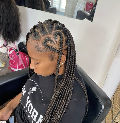 Heart Shaped Braids For Black Women, Boho Knotless With Heart, Heart With Knotless Braids, Individual Braids With Heart, Heart Shaped Knotless Braids, Large Heart Knotless Braids, Goddess Braids With Heart, Heart Shaped Box Braids, Jumbo Knotless Braids With Heart