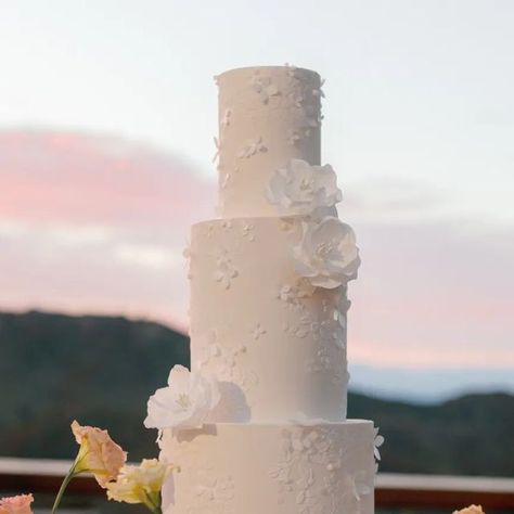 SOUTHERN CALIFORNIA WEDDING CAKE DESIGNER|Courtney on Instagram: "Can we talk about this remarkable sunset at @cielofarms shot by @aliciaminkphoto for Claire & Kyle's beautiful July wedding! One of my personal favorite designs to create with subtle floral stencil and cascading wafer paper flowers Event Coordinator: @kelly_patrice Florals: @lilyrodenfloralstudio Photography: @aliciaminkphoto Venue: @cielofarms" Wafer Paper Flowers, Floral Stencil, Can We Talk, July Wedding, Southern California Wedding, Wafer Paper, Event Coordinator, Wedding Southern California, Wedding Cake Designs