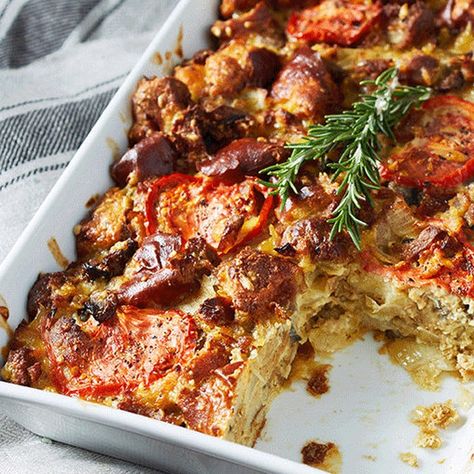 Vegan Strata, Savory Breakfast Casserole, Egg Strata, Dried Spices, Just Egg, Sage Sausage, Vegan Holiday, Holiday Party Foods, Christmas Brunch