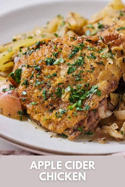 Sweet, tangy, and tender, this Apple Cider Chicken recipe is the perfect one-skillet meal for dinner! Juicy and moist chicken thighs cooked with apples and apple cider, this dish is a wonderful balance of sweet, tangy, and savory. It’s the perfect warm and cozy meal. Apple Cider Chicken, Cider Chicken, Meal For Dinner, Greek Lemon Potatoes, Moist Chicken, Apple Cider Recipe, Lemon Potatoes, One Skillet Meals, Baked Potato Recipes