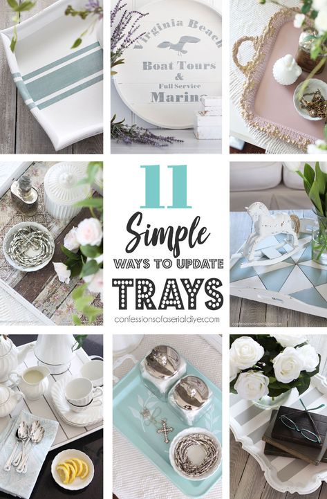 Diy Tray Makeover, Silver Tray Decor, Upcycle Headboard, Tray Makeover, Painted Serving Trays, Tool Box Diy, Basket Makeover, Thrift Store Shopping, Flea Market Style