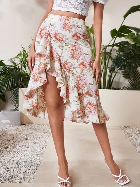 SHEIN Floral Print Ruffle Asymmetrical Hem Skirt | SHEIN USA Asymmetrical Skirt Outfit, Plus Size Fall Fashion, Women Bottoms, Tango Dress, Fashion Design Collection, Glamour Dress, Stylish Work Outfits, Floral Outfit, Hem Skirt