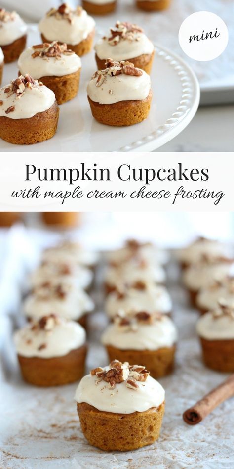 These mini pumpkin spice cupcakes with maple cream cheese frosting are a delicious fall treat the whole family will enjoy. Salty and sweet, with just the right amount of spice. Made from scratch, still easy. Get the recipe on the blog! Fall Cupcakes - Mini Pumpkin Cupcakes - Pumpkin Spice Cream Cheese Cupcakes - Fall Cupcake Ideas Mini Cupcake Recipes, Maple Cream Cheese Frosting, Maple Cream Cheese, Yummy Deserts, Maple Cream, Pumpkin Spice Syrup, Spice Cupcakes, Pumpkin Cupcakes, Pumpkin Spice Cupcakes