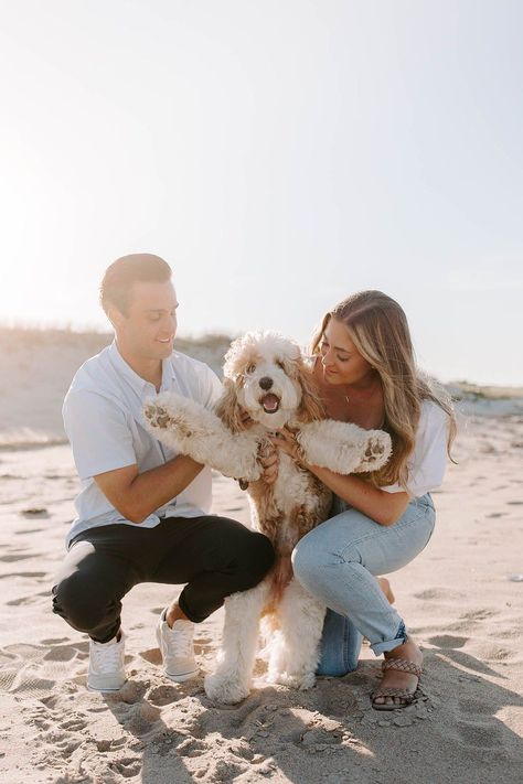 Engagement Photo Inspo With Dog, Engagement Photoshoot Ideas Beach With Dog, Beach Engagement Shoot With Dog, Navy Blue Engagement Pictures, Couple And Dog Photoshoot Beach, Summer Couple Photoshoot With Dog, Beach Photoshoot Outfits Couple, Cape Cod Engagement Photos, Beach Engagement Photos With Dog