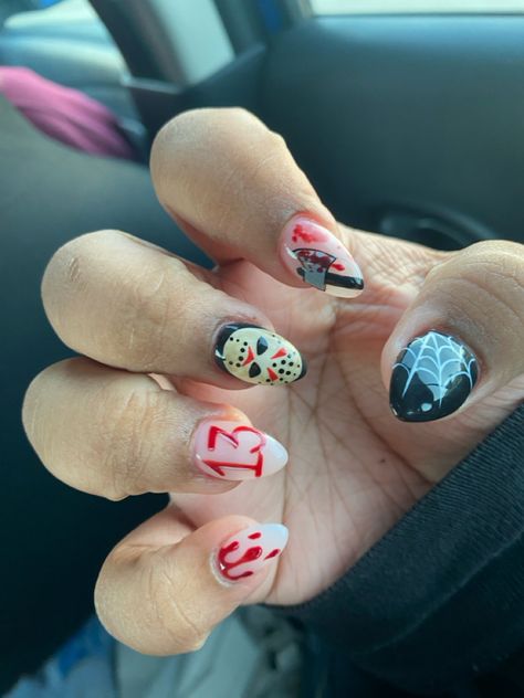 jason themed nails Jason Themed Nails, Jason Voorhees Halloween Nails, Jason Mask Nails, Jason Voorhees Nail Art, Jason Nail Art, Freddy Vs Jason Nails, Jason Halloween Nails, Michael Myers Nails Acrylic, Jason Voorhees Nails