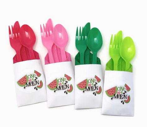 One in a Melon Cutlery Bag Set - Stesha Party Watermelon Party Decorations, Melon Birthday, Baby First Birthday Themes, Watermelon Birthday Parties, First Birthday Favors, Watermelon Party, Watermelon Birthday, Fruit Party, Plastic Forks