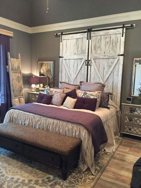 Beautiful Replica Barn Doors. Great for use as room divider, headboard, wall accent. Room Divider Headboard, Rustic Farmhouse Bedroom, Diy Daybed, Farmhouse Bedroom Decor, Farmhouse Bedroom, Remodel Bedroom, Master Bedrooms Decor, Rustic Bedroom, Beautiful Bedrooms