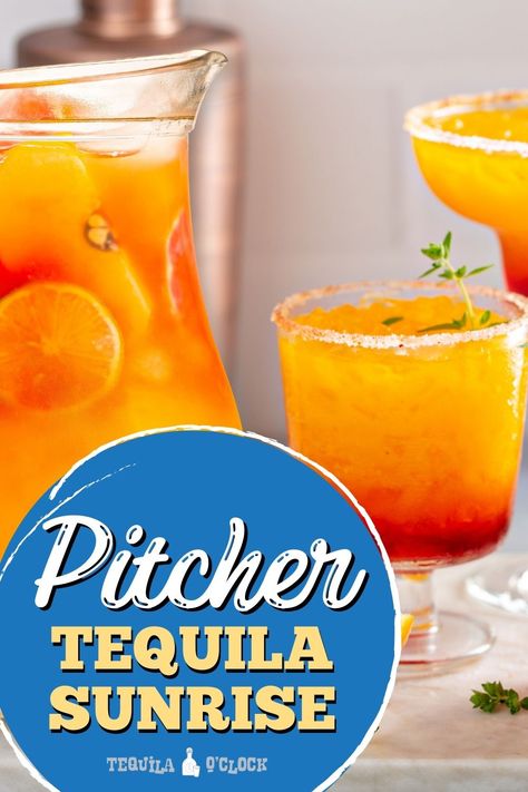 Pitcher tequila sunrise recipe Tequila Sunrise Pitcher, Big Batch Tequila Sunrise, Tequila Sunrise Pitcher Recipe, Tequila Pitcher Cocktails, Tequilla Sunrise, Tequila Orange Juice, Tequila Punch, Tequila Sunrise Recipe, Tequila Mixed Drinks