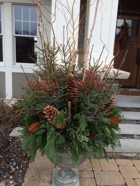 Winter Porch Pots, Holiday Planters, Outdoor Planter Ideas, Winter Containers, Winter Container Gardening, Porch Pots, Winter Planters, Christmas Urns, Outdoor Christmas Planters