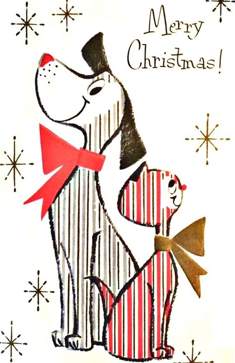 Christmas Card Pictures, Dog Christmas Card, Vintage Christmas Images, Striped Cat, Mid Century Christmas, Christmas Graphics, Old Christmas, Christmas Drawing, Christmas Past