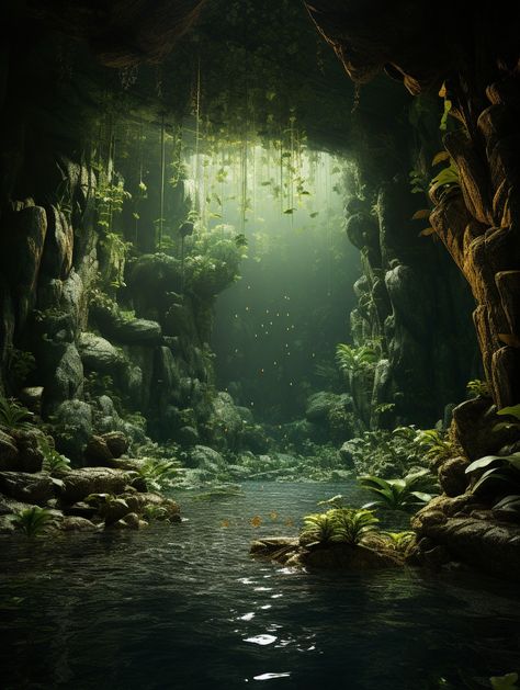 Fantasy Spring Landscape, Dark Fantasy Setting, Fantasy World Concept Art, Magic Aesthetic Wallpaper, Fantasy Magic Aesthetic, Fantasy World Inspiration, Dnd Landscape, Magical Cave, Cave Water