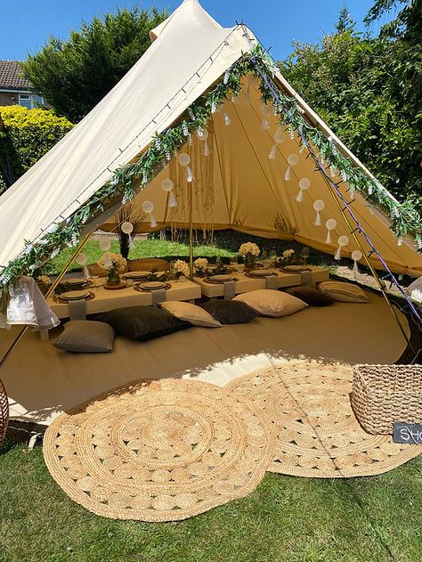 Bell Tent Interior, Outdoor Meditation Space, 5m Bell Tent, Outdoor Meditation, Glamping Birthday, Tent Party, Garden Camping, Glamping Party, Teepee Party