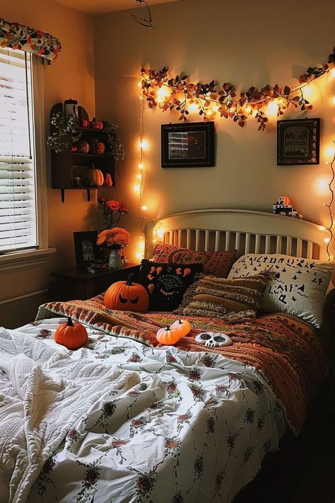 #HalloweenBedroom #SpookyDecor #HauntedHouse #TrickOrTreat #GhoulishBedroom #PumpkinPatches #WitchyVibes #CreepyCrawlies #GhostlyBedroom #CostumeParty #FrightNight #HalloweenHome #ScaryDecor #Boo-tifulBedroom #JackOLanterns Halloween Decorations Bedroom, Halloween Wishlist, Eerie Lighting, Fall Room Ideas, Fall Apartment, Fall Apartment Decor, Fall Szn, Bedroom Board, Autumn Room