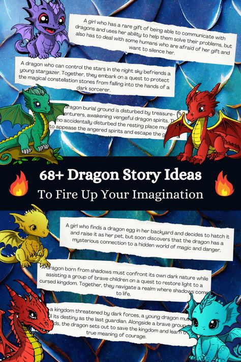 List of creative dragon story ideas to fire up your imagination. From legends of ice dragons to heart-warming tales of dragon friendships. Dragon Story Ideas, Dragon Story Prompts, Dragon Writing Prompts, Dragon Story, Old Dragon, Dragon Names, Ice Dragon, Dragon Tales, Writing Prompts For Kids