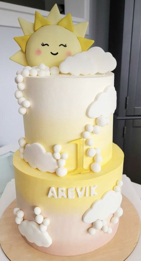 Yellow 1st Birthday Cake, Ray Of Sunshine Backdrop, You Are My Sunshine Cake Ideas, Sunshine Themed Cake, Sun Themed Birthday Cake, Here Comes The Sun Cake Ideas, Here Comes The Son Cake Ideas, You Are My Sunshine Cake, Here Comes The Sun Baby Shower Cake