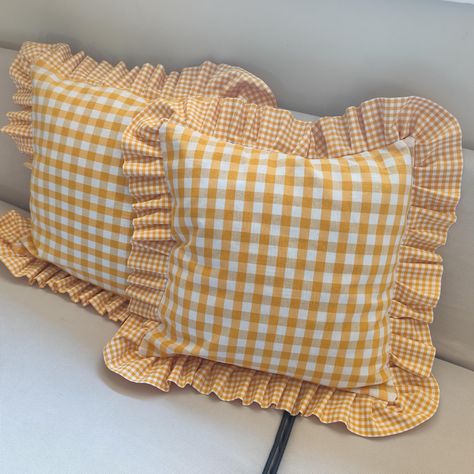 Ruffle Gingham Throw Pillow Cover Yellow and White & Other Colors, Frilled Euro Sham, Custom Buffalo Check Cushion Covers, Decorative Accent by EledaHomeDecor on Etsy Ruffle Curtains, Plaid Curtains, Textile Recycling, Light Blue Plaid, Checked Cushions, Plaid Pillow Covers, Gingham Pattern, Recycling Programs, Euro Sham