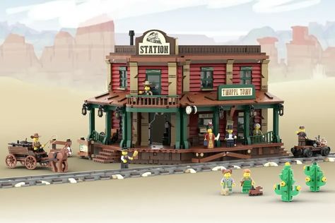 LEGO IDEAS - Blog - 10K Club Interview: THE OLD WESTERN TRAIN STATION by FACEBRICKUP Western Train Station, Lego Train Station, Western Train, Lego Western, Lego Hobby, Delorean Time Machine, Secret Hiding Places, Pirate Bay, Lego Train