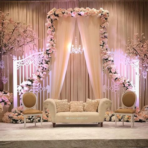 Universal Décor on Instagram: “An Enchanting Shaadi ✨🌸 @weddingsattheplaza” Pelamin Decoration, Shaadi Decor, Engagement Stage, Indian Wedding Decorations Receptions, Engagement Stage Decoration, Reception Stage Decor, White Wedding Decorations, Wedding Stage Backdrop, Wedding Hall Decorations