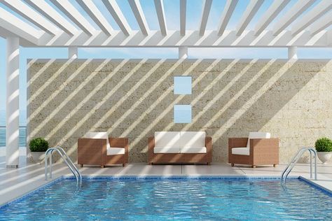 cantilevered pergola over pool Pool Shade Ideas, Pergola Ideas Patio, Pool Gazebo, Inground Pool Designs, Pool Pergola, Luxury Patio, Pool Shade, Pool Design Ideas, Pool Covers