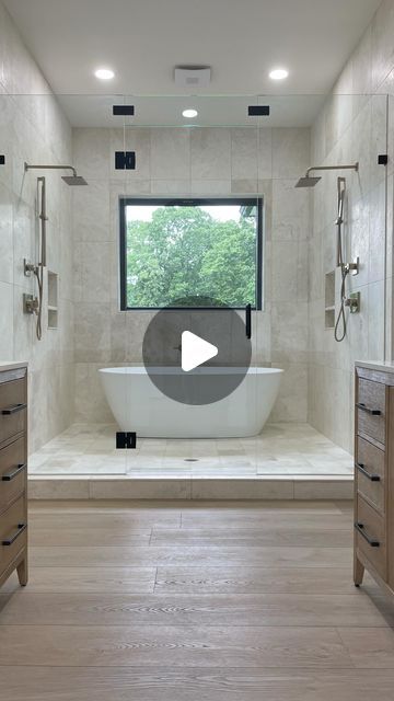 Jenna | Custom Home Build on Instagram: "My top five pros of installing a wet room in our build:  1. Design aesthetics! A wet room allowed us to maximize space + maintain symmetry in our long and narrow primary bath and have a window over our tub!  2. Can easily get out of the tub and immediately rinse off or wash my hair under the shower head without running/freezing and dripping across the floor.  3. Don’t have to worry about water splashing on drywall/baseboards and causing water damage anywhere because everything is waterproofed! This can be especially helpful if kids or pets ever bathe in here!  4. Installing handheld sprayers on both sides makes cleaning a breeze– they reach the tub too!  5. Can bring a towel in before showering and it won’t get wet laying over the tub or on a stool. Shower Tub Room Ideas, Half Wet Room Bathroom, Bath And Shower Wet Area, Bathroom Bath Under Window, Bath And Shower Wet Room, Wet Room Bathroom With Window, Steam Shower Wet Room, Bath Tub And Shower Side By Side, Drop In Tub Wet Room