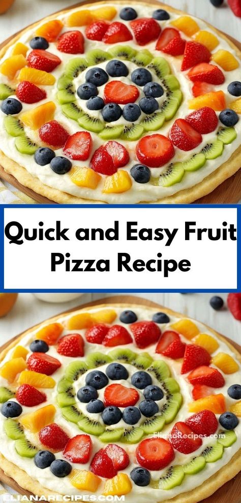 Need a quick and tasty dessert? Discover the joy of this Fruit Pizza Recipe! It combines a cookie crust with creamy frosting and fresh fruits, making it a fantastic choice for family dinners and gatherings. Cookie Crust Dessert, Fruit Pizza Cookie Recipe, Fruit Pizza Topping, Fruit Pizza Cookies, Fruit Pizza Frosting, Dessert Pizza Fruit, Fruit Pizza Crust, Dessert Pizza Recipes, Easy Fruit Pizza