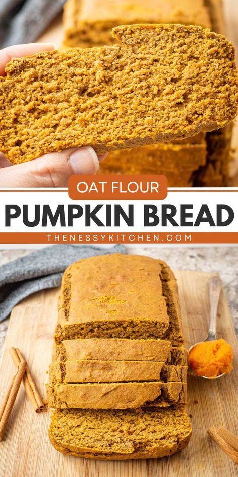 A healthy addition to your holiday brunch food! This simple pumpkin recipe for quick bread is gluten-free and dairy-free. Moist and fluffy with warm spices and a cozy flavor, this easy oat flour pumpkin bread is a perfect fall breakfast idea! Gluten Free Bread Oat Flour, Pumpkin Bread With Oat Flour, Pumpkin Bread Oat Flour, Oat Flour Pumpkin Bread, Oat Flour Bread, Persimmon Bread, Oatmeal Flour, Oat Flour Recipes, Healthy Pumpkin Bread