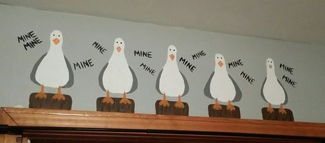 The seagulls from nemo, i painted for the nursery:) Finding Nemo Mural, Nemo Themed Nursery, Finding Nemo Bedroom, Nemo Bathroom Ideas, Finding Nemo Bathroom Ideas, Diy Finding Nemo Decorations, Nemo Nursery Ideas, Pixar Nursery Theme, Nemo Classroom Theme