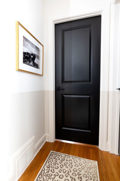 Black paint -Broadway. Color Block Hallway with the BEHR® Color Trends 2021 Palette Behr Black Door Paint Colors, Satin Black Behr Paint, Behr Limousine Leather Paint, Limosine Leather Black Behr Paint, Behr Dark Secret, Limousine Leather Behr, Behr Black Paint Colors, Interior Door Paint Colors, Behr Color Trends