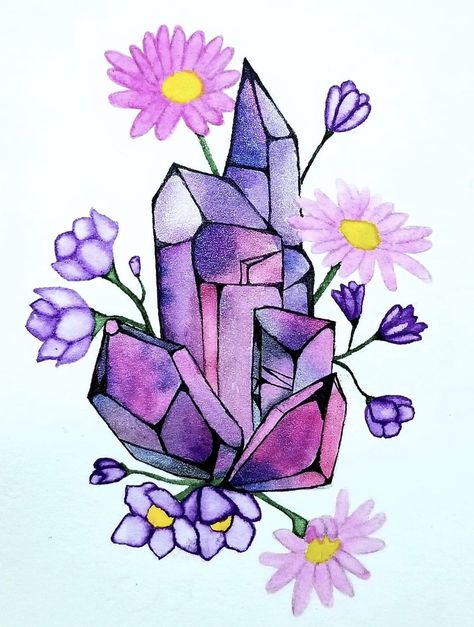 Crystals Aesthetic Drawing, Crystal Flower Drawing, Amethyst Tattoo Ideas, Amethyst Drawing, Crystal Illustration, Crystal Drawing, Color Symbolism, Watercolor Projects, Mushroom Art